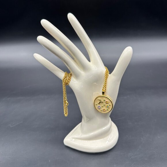 Hummingbird Flower Pendant Necklace Enamel Gold Tone 18" Chain Whimsical Nature - Picture 2 of 7